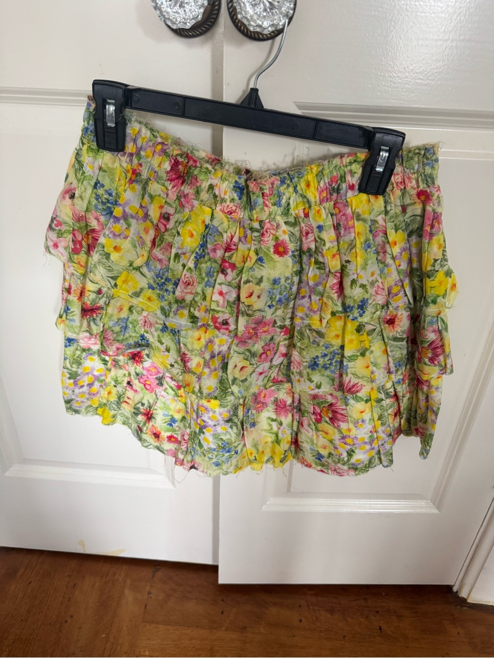 Love Shack Fancy Floral Tiered Mini Skirt in Yellow & Pink